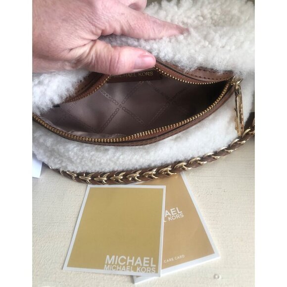 NWT MICHAEL KORS Sling Sherpa Gold Chain Messenger Handbag with Leather Trim - Picture 7 of 12